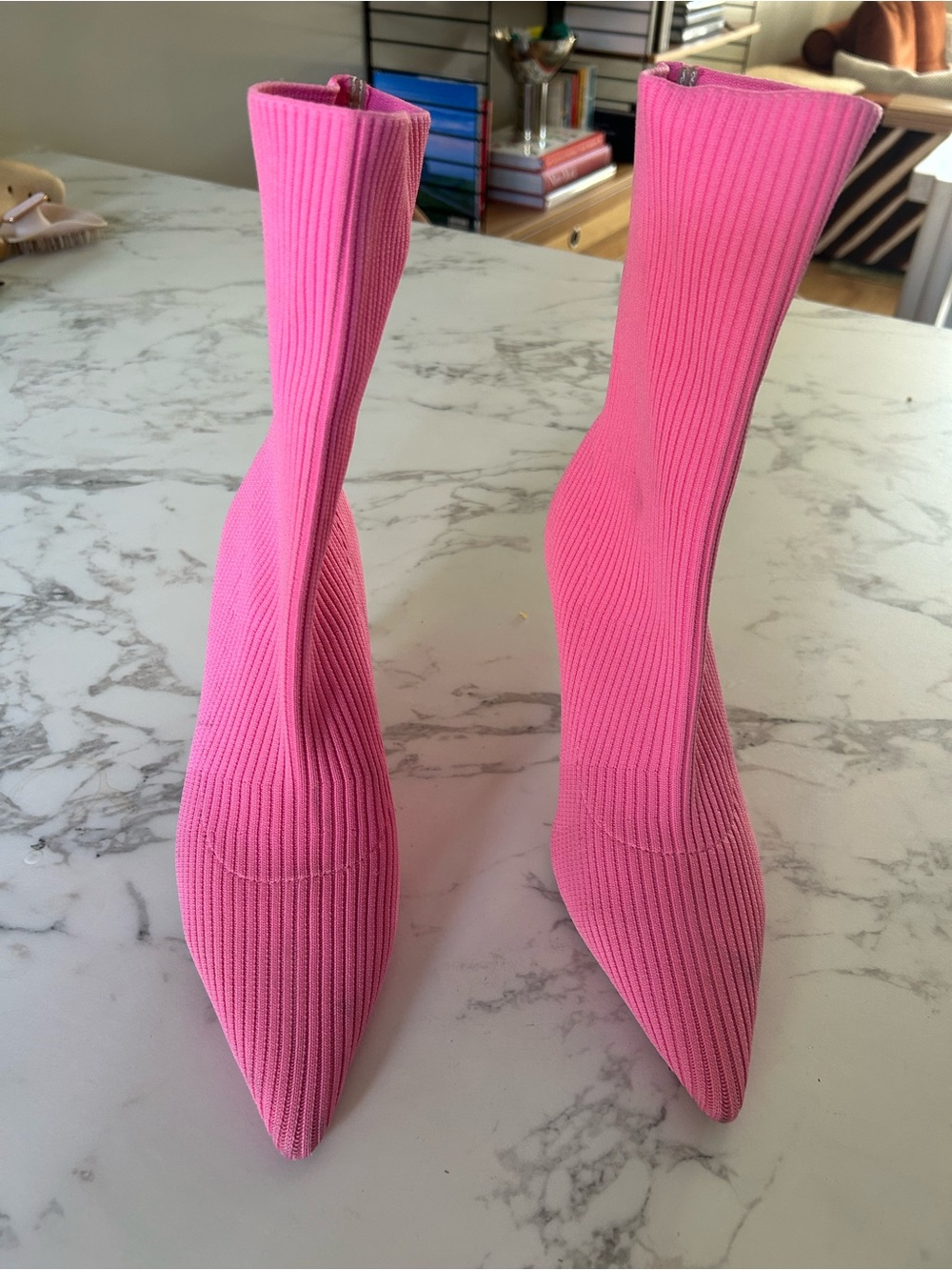 Pink Ribbed Pointed-Toe Sock Heeled Boots sz EU38